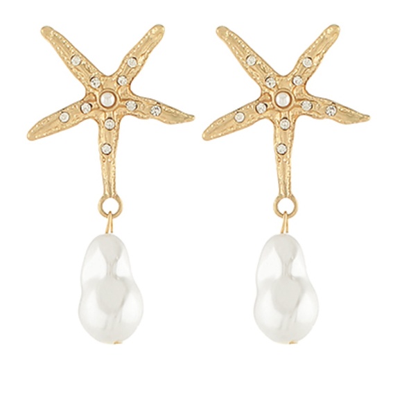 Pave Starfish & Baroque Pearl Earrings